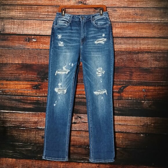 Zenana Jeans Size 30 Charlotte High Rise Mom Distressed Blue Denim Stretch - Picture 2 of 9